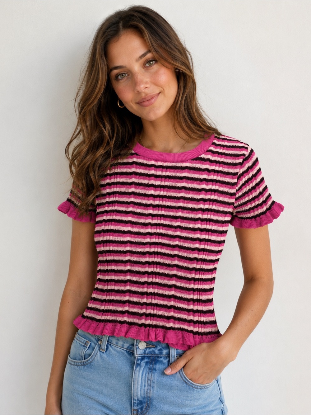 Zara Pink Ribbed Striped Ruffled Hem Knit Tee Short Sleeve Small NWT